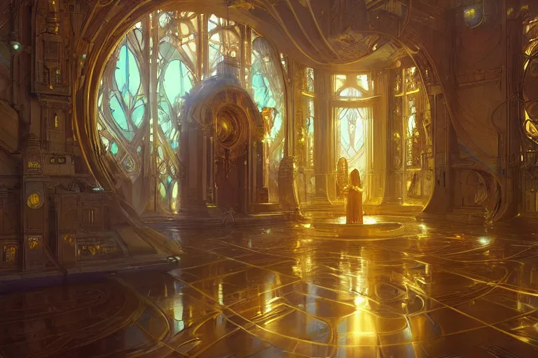 Image similar to a background matte painting for a high tech science fiction religious room with chambers of bubbling liquid gold intricate digital painting artstation concept art smooth sharp focus illustration, art by artgerm and paul chadeisson and greg rutkowski and alphonse mucha