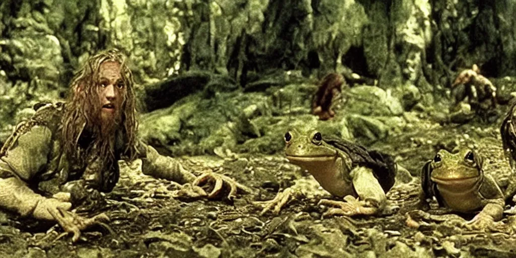 Prompt: movie film still scene, lord of the rings with frogs