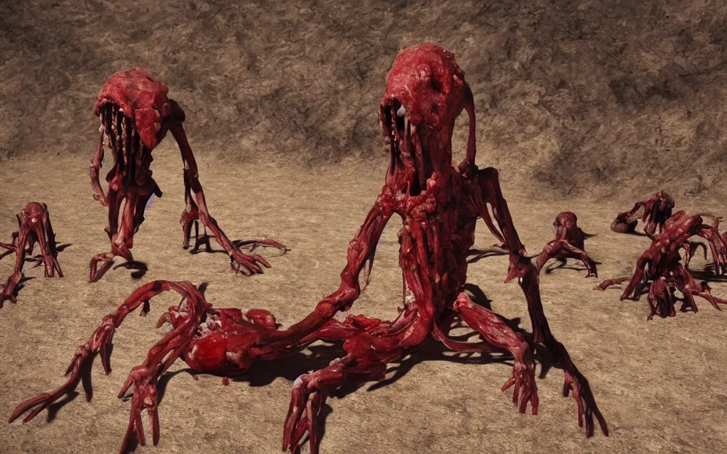 Image similar to in the desert a bloody gross horrifying The Thing creature made of muscle and bone and blood stares at the camera, eating, mid day, 35mm photography, realistic,