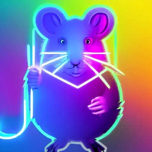 Image similar to cyberpunk hamster! holding rainbow! gem! crystal, neon lights, light reflection, logo, 8 k, hd