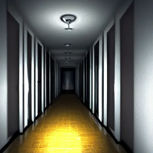 Image similar to a camera view of a scary hallway photo - realistic