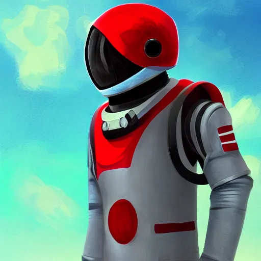 Image similar to a red suit astronaut, red simple jetpack, with a light blue visor, 4 k, digital painting, trending on artstation