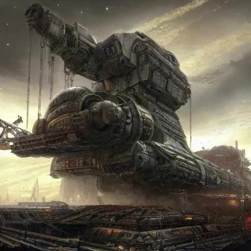 Image similar to a beautiful highly detailed matte painting of a huge derelict cargo starship, Space Hulk, WarHammer 40k by Jose Daniel Cabrera Pena and Leonid Kozienko, concept art