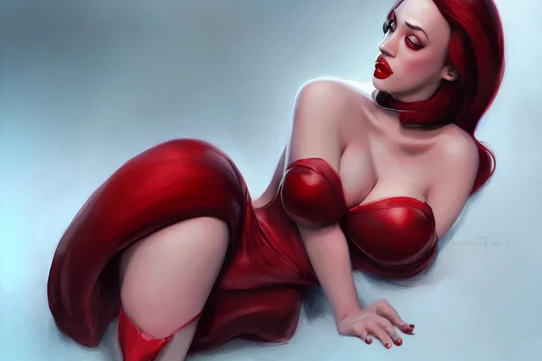 Prompt: Kat Dennings as Jessica Rabbit by Mandy Jurgens and Artgerm and william-adolphe bouguerea, highly detailed, trending on artstation, award winning, H 768