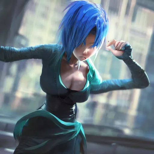 Prompt: a blue haired green eyes girl in a dynamic pose. character design. gesture drawing. line of action. official art, unreal engine 5, unreal engine. tetsuya nomura. medium shot. ray tracing hdr. 8 k. uhd. sharp focus. highly detailed. masterpiece. anime render. cinematic lighting. lifelike. symmetrical face. beautiful face