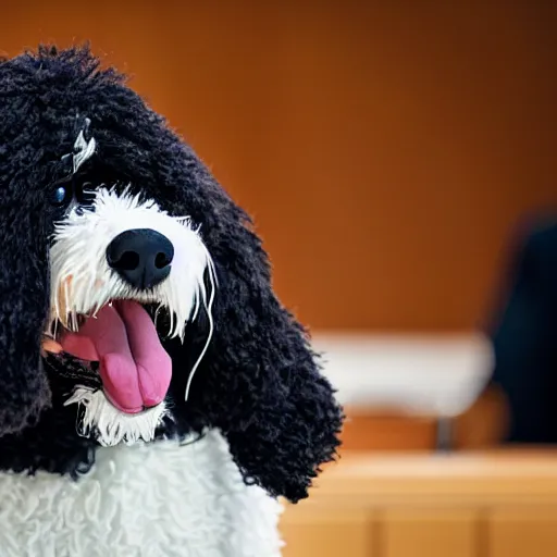 Image similar to a closeup photorealistic photograph of a cute smiling knitted bernedoodle judge dog dressed in a black gown, presiding over the courtroom. professional capture, well lit shot. this 4 k hd image is trending on artstation, featured on behance, well - rendered, extra crisp, features intricate detail, epic composition and the style of unreal engine.