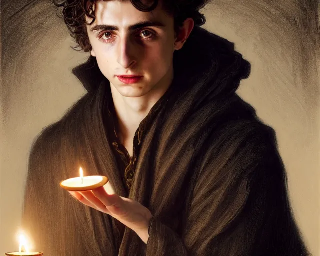 Image similar to a mind - blowing portrait of fortune seeker timothee chalamet, holding a candle holder, wearing dark maritime clothing, long night cap, deep focus, d & d, fantasy, intricate, elegant, highly detailed, digital painting, artstation, concept art, matte, sharp, illustration, hearthstone, art by artgerm and greg rutkowski and alphonse mucha