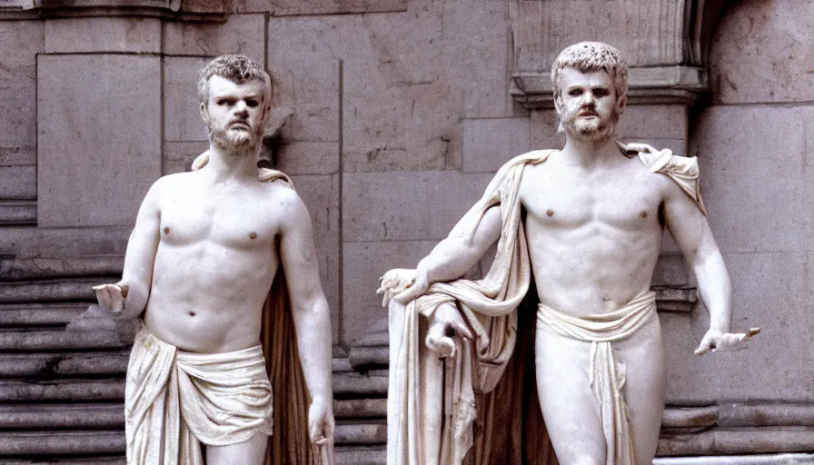 Image similar to 1 9 6 0 s movie still close - up of caligula in white toga heavy bleeding on marble stairs, cinestill 8 0 0 t 3 5 mm, high quality, heavy grain, high detail, dramatic light, anamorphic, detailed beard