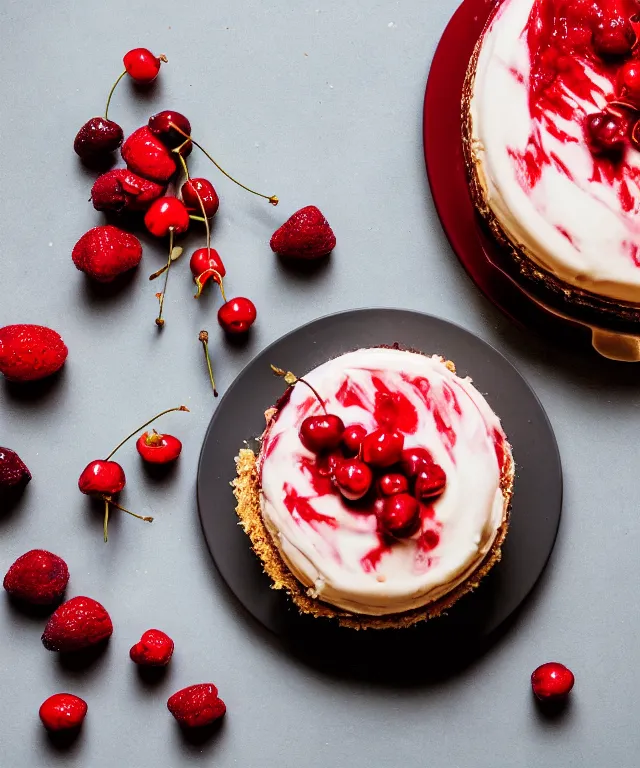 Prompt: high quality presentation photo of stawberry and cherry cheesecake, photography 4k f1.8 anamorphic bokeh 4k Canon Nikon