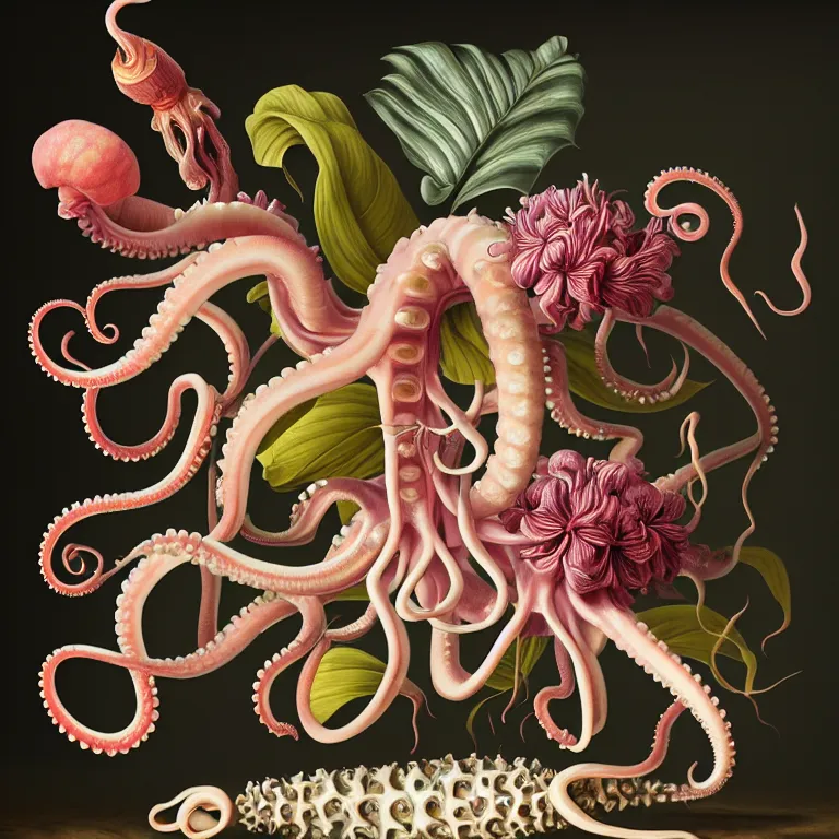 Prompt: still life of tropical flowers, alien squid, octopus, pastel tropical flowers, surreal alien ribbed tropical fruit, white human spine, baroque painting, beautiful detailed intricate insanely detailed octane render, 8K artistic photography, photorealistic, chiaroscuro, Raphael, Caravaggio