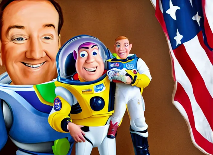 Image similar to painting of tim allen in a nasa space suit with a buzz lightyear doll in his hand in front of an american flag