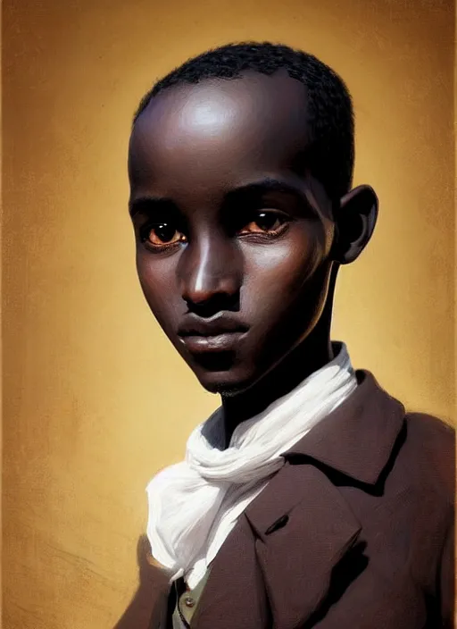 Image similar to a portrait of an sudanese boy with a crooked nose in victorian clothing, confident pose, intricate, elegant, sharp focus, illustration, highly detailed, concept art, matte, trending on artstation, anime, art by james jean and artgerm and brian despain and alberto mielgo, greg rutkowski, wlop, ilya kuvshinov, strong strokes