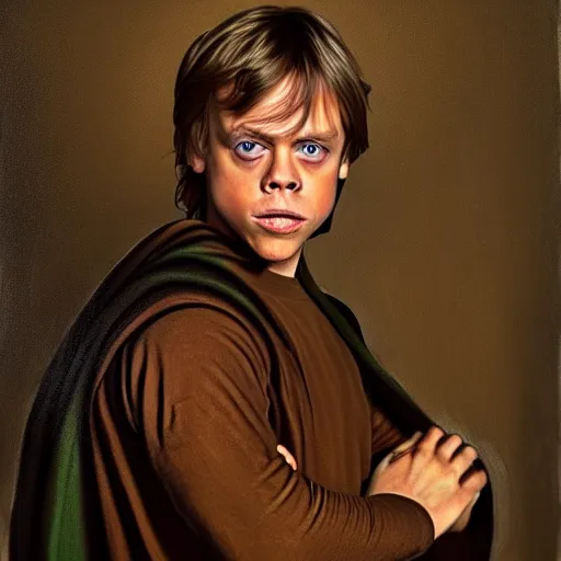 Prompt: a portrait painting of young mark hamill playing luke from star wars in a renaissance style hanging in the louvre