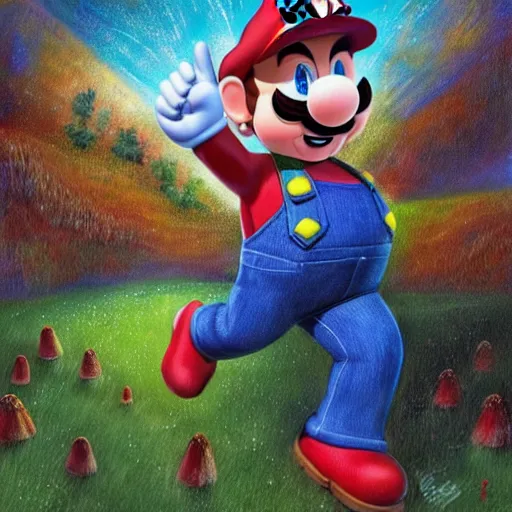 Image similar to a realistic portrait of chris pratt dressed as super mario running in a field of mushrooms by android jones