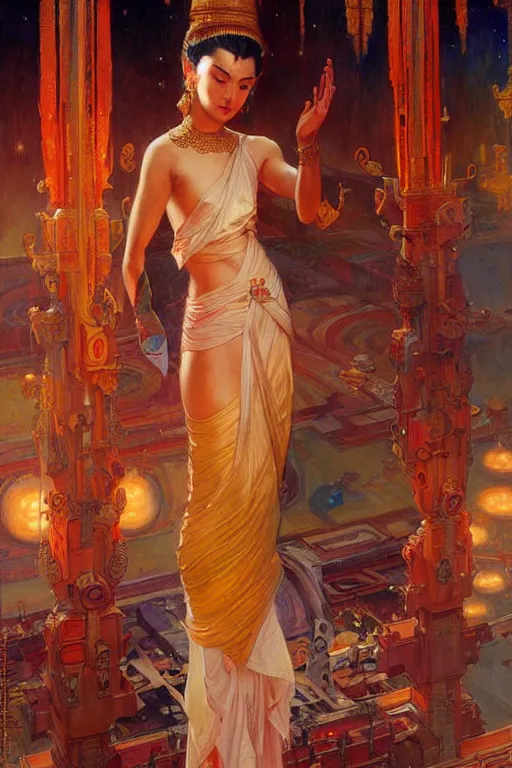 Image similar to buddhism, temple, futurism, painting by gaston bussiere, greg rutkowski, j. c. leyendecker, artgerm