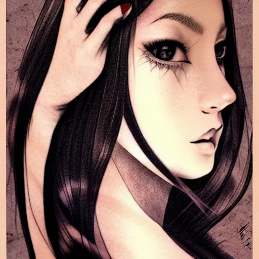 Image similar to tattoo design, stencil, beautiful young female, long dark hair, symmetrical facial features, Japanese, partially clothed in robe, by William-Adolphe Bouguerea and artgerm