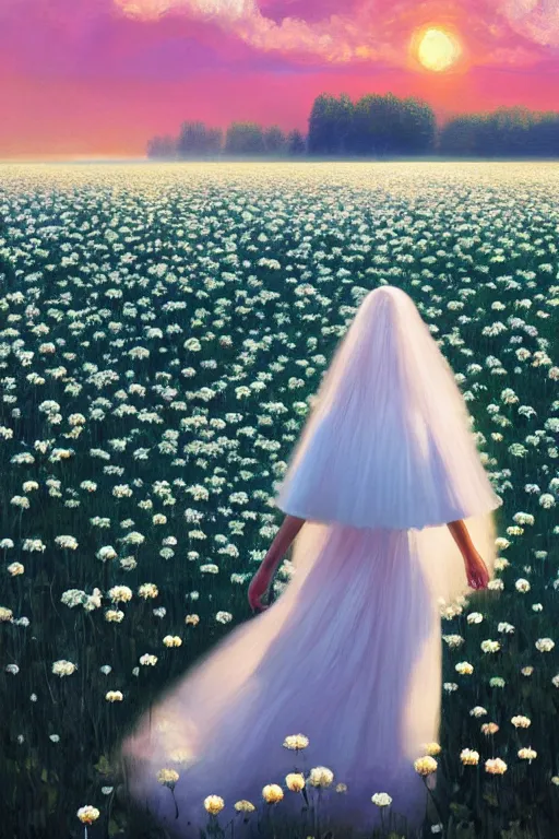 Image similar to giant white daisy flowers as face veil, girl walking in a flower field, surreal photography, sunrise, dramatic light, impressionist painting, colorful clouds, digital painting, artstation, simon stalenhag