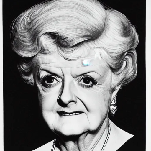 Image similar to black and white portrait of dame angela lansbury, drawn with ball point pen by m. c. escher, very very very detailed