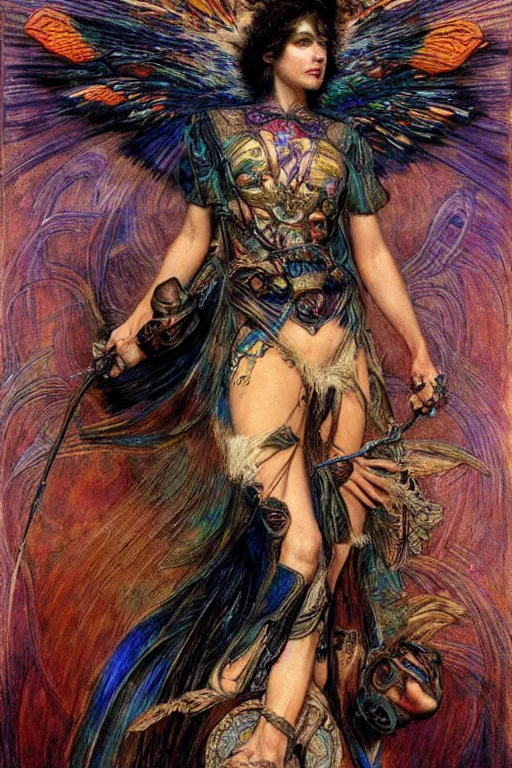 Prompt: gutterpunk goddess , by Annie Swynnerton and jean delville and Gaston Bussière and Tino Rodriguez, black leather and embroidered velvet, iridescent beetles, rich color, dramatic cinematic lighting, extremely detailed