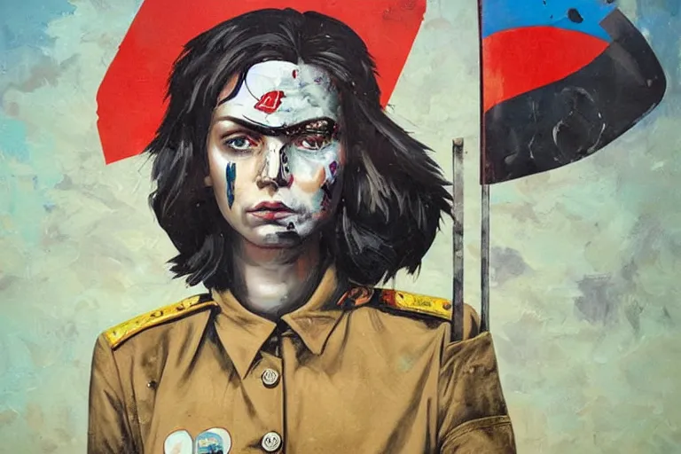 Image similar to a sad female soviet soldier, art by Sandra Chevrier