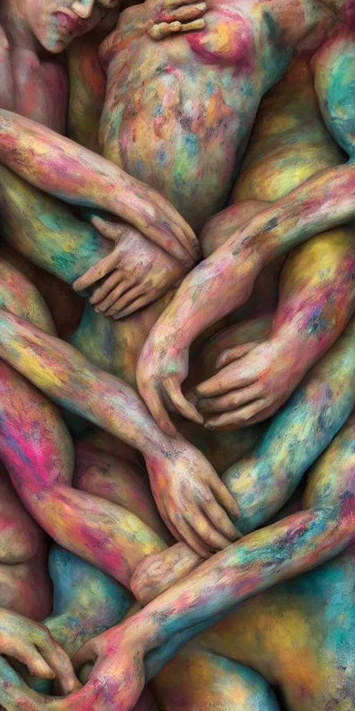 Image similar to closeup photograph of a surrealist sculpture human bodies intertwined, a lovely cornucopia of flowers and human body parts, body parts, paint pour, swirling paint, muted color palette, earth tone colors, skin tones, highly detailed, octane render, cinematic