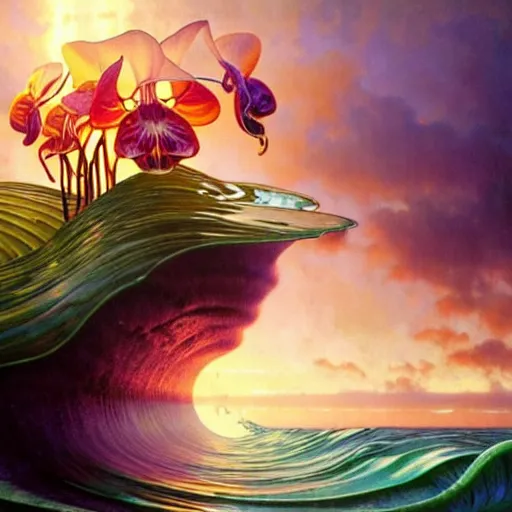 Image similar to detailed giant orchid flower surrounded by ocean wave, lsd water, ripples, transparent droplets, backlit, sunset, refracted lighting, art by collier, albert aublet, krenz cushart, artem demura, alphonse mucha