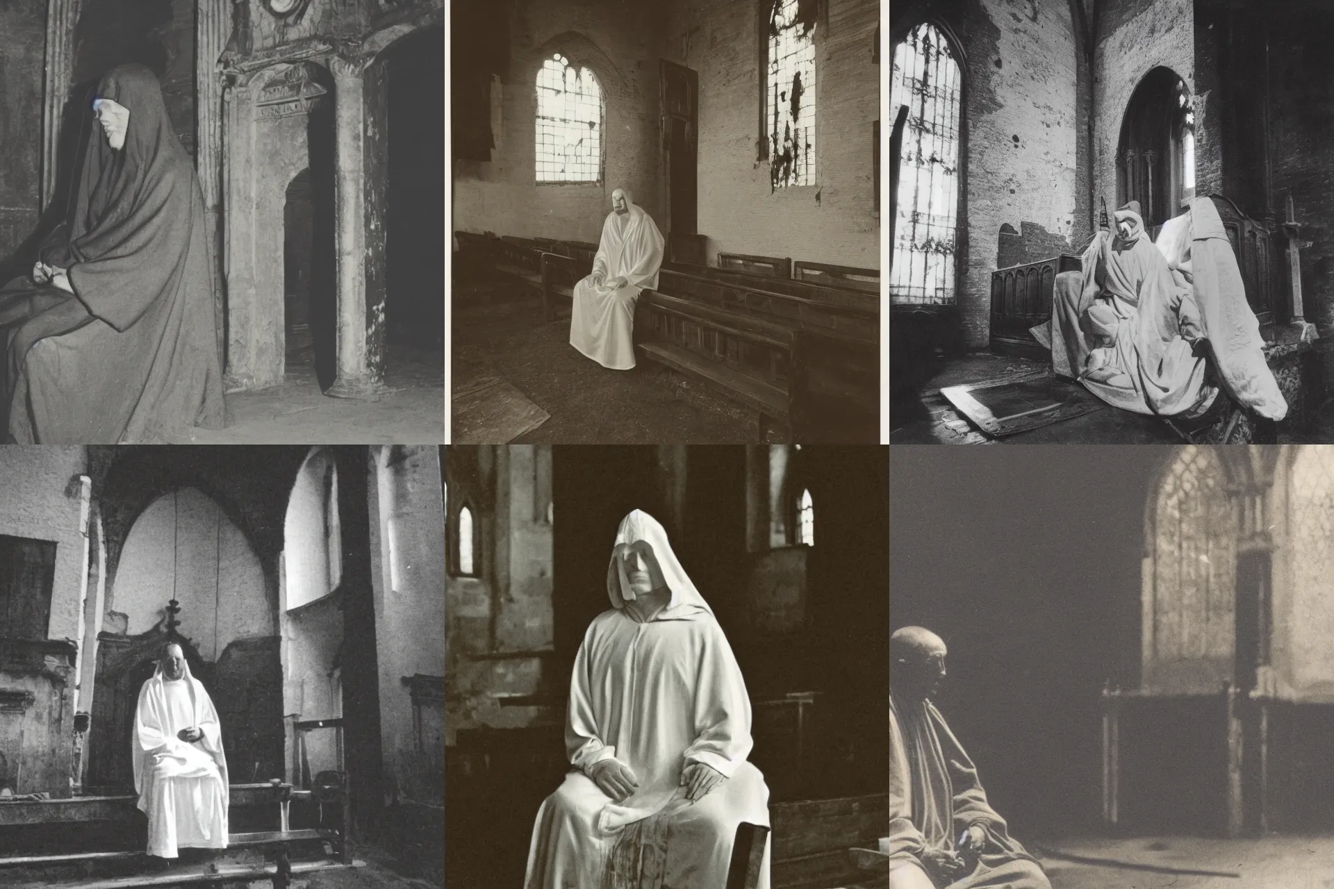 Prompt: a vintage photograph of a seated robed figure of the king in yellow in a decrepit church