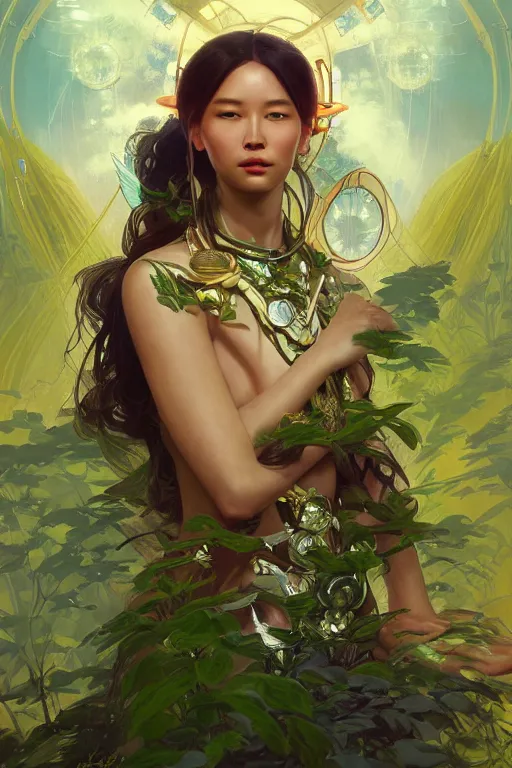 Image similar to portrait of Celestial Hawaiian Goddess as a futuristic princess, inside future fighter, sci-fi, fantasy, intricate, lush garden spaceship, elegant, human anatomy, royal green and nature light, highly detailed, digital painting, artstation, concept art, smooth, sharp focus, illustration, art by tian zi and WLOP and alphonse mucha