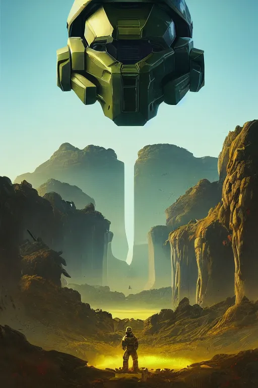 Image similar to Halo 2 box artwork of delta halo landscape by Simon Stålenhag, Matte painting, trending on artstation and unreal engine
