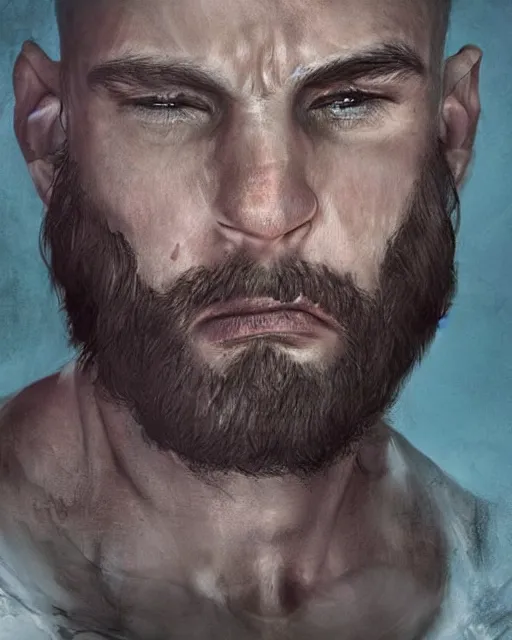 Image similar to portrait of muscular, tired and alcoholic 3 0 - year - old grieving man with short darkblonde hair, serious sad look in his eyes, looking down, dirty beard, blue eyes, crying tears, wearing dirty soldier uniform, on the desert, sad atmosphere, hyper realistic face, character art, art by artgerm, cryengine, trending on artstation, digital art