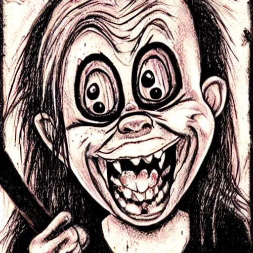 Prompt: grunge drawing of a happy chucky in the style of the grudge | horror themed | loony toons style