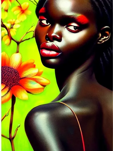 Image similar to portrait of duckie thot with a floral background : : painted by artgerm, karol bak, artur bordalo, sandra chevrier : : portrait, character, illustration, hyperrealism, photorealism