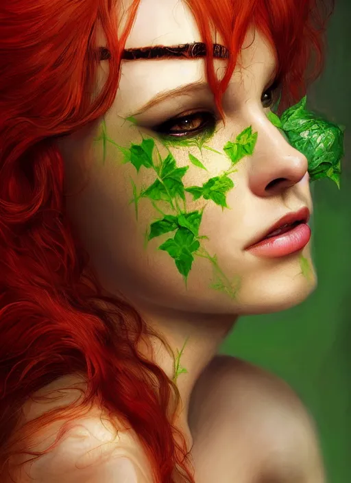 Prompt: A beautiful portrait of a Daria Strokous as Poison Ivy from Batman movie, digital art by Eugene de Blaas and Ross Tran, vibrant color scheme, highly detailed, in the style of romanticism, cinematic, artstation, Greg rutkowski