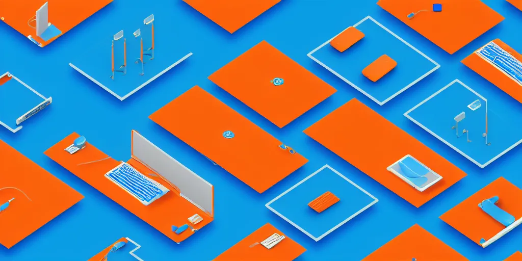 Prompt: Many computers interconnected by cables, isometric view from above. Minimalistic design, contemporary design, infographics. Logo. Blue, cyan and orange palette. Vivid, 8K, Epic, Masterpiece