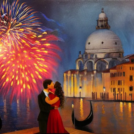 Image similar to an oil painting of couple kissing, in a background fireworks in venice