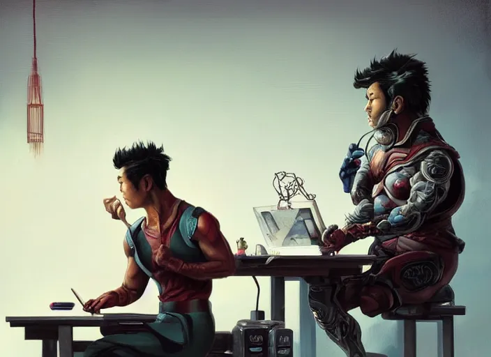 Image similar to an insanely detailed painting of an asian man wearing a homemade superhero costume, sitting at a desk, staring seriously at the computer and typing, in the style of peter mohrbacher, james jean, artgerm, dramatic lighting and composition, surreal background, octane render, pixar, trending on artstation, concept art, comic book, view from behind, 8 k