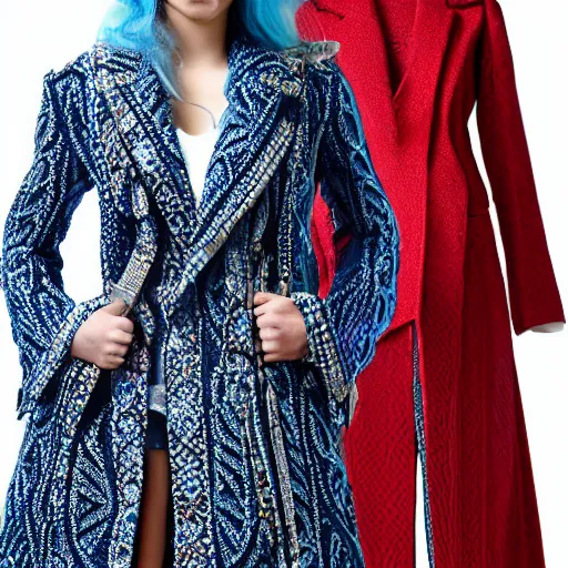 Image similar to fashion 2 0 5 0 fantastic openwork long coat with intricate pattern on a beautiful symmetrical girl with blue hair, hyper realistic photos