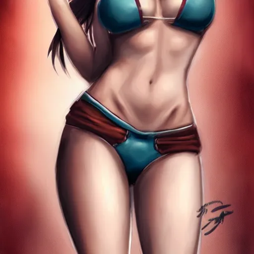 Prompt: beautiful tifa from final fantasy in a bikini, drawn by charlie bowater
