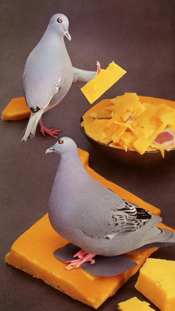 Image similar to 1 9 6 0 s food magazine photo of a pigeon made out of cheddar cheese and ham, soft focus