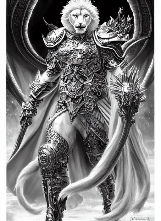 Prompt: anthropomorphized white lion paladin casting spell, heroic pose, concept art, insanely detailed and intricate, hypermaximalist, elegant, ornate, hyper realistic, super detailed, art deco, cinematic, trending on artstation, magic the gathering artwork