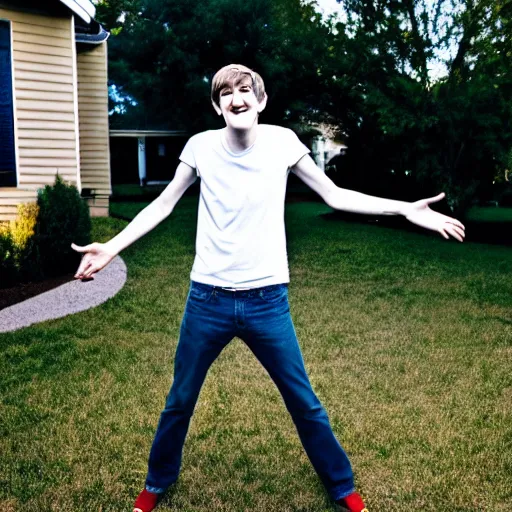 Image similar to bo burnham outside of his house, smiling and dancing