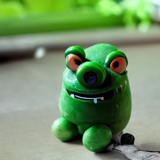 Image similar to Green Sausage with eyes and fangs