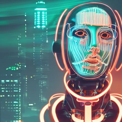 Prompt: hyperdetailed portrait of a cyberpunk futurism robot head, 8 k, glowing wires and tubes, symetrical, flourescent colors, halluzinogenic, realistic, black background