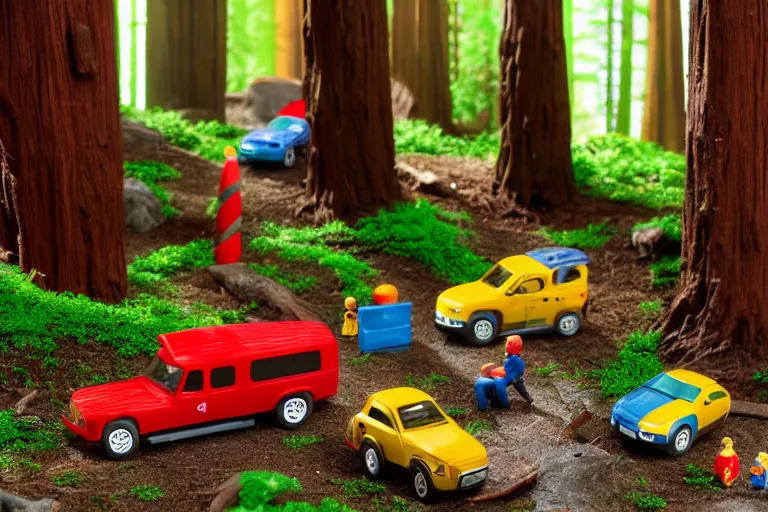 Image similar to fisher price redwood forest, california scene from tv show hyper detailed 5 5 mm 8 5 mm, toy photography, made out of plastic