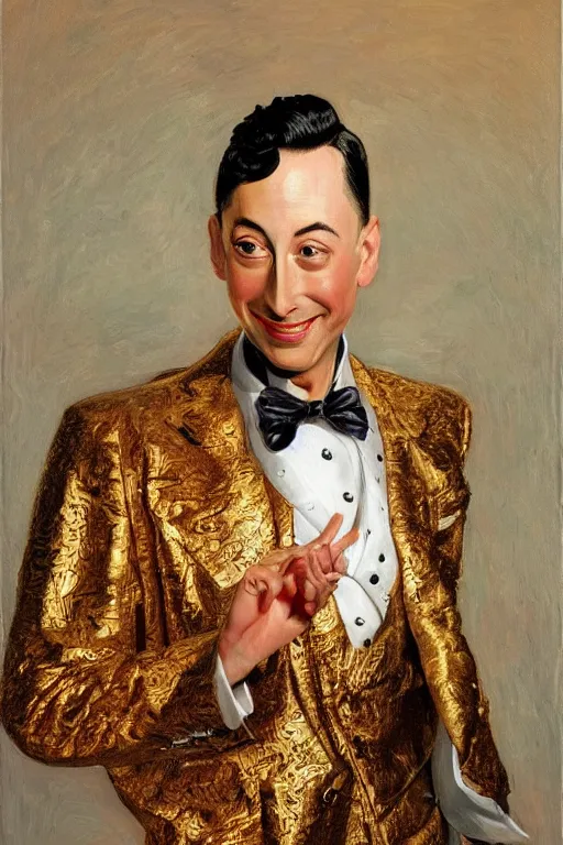 Image similar to Pee Wee Herman oil on canvas, golden hour, artstation, by J. C. Leyendecker and Peter Paul Rubens,