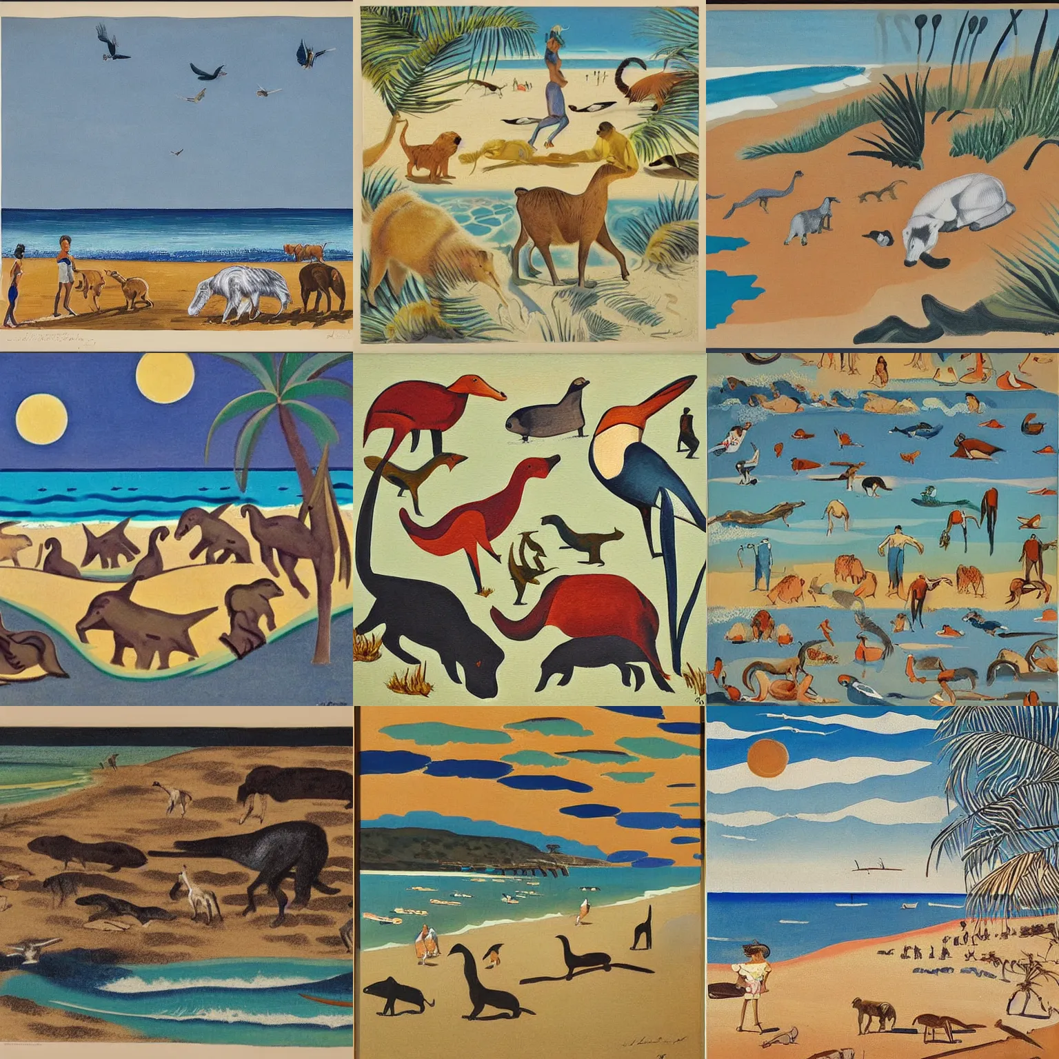 Prompt: painting, Australian beach pattern (1940) by Charles Meere, but with animals instead of people