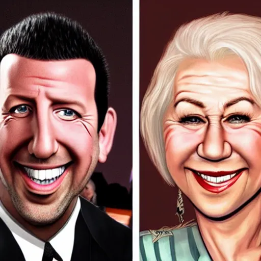 Image similar to a helen mirren caricature drawing of adam sandler