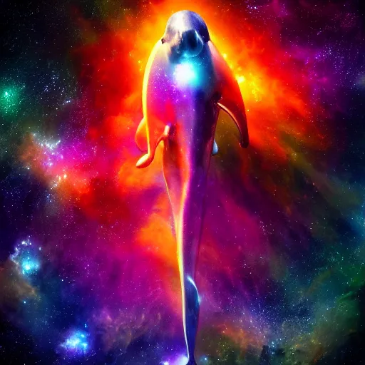 Image similar to digital illustion of a pod of majestic cosmic dolphins swimming through a nebula in space, deviantArt, artstation, artstation hq, hd, 4k resolution