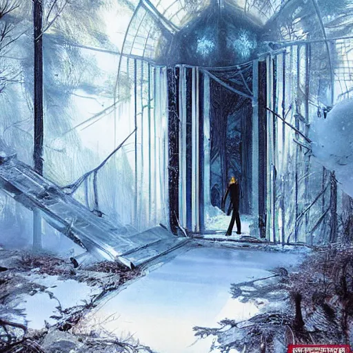 Image similar to stairs leading to a frozen derelict portal in a middle of a snowy lush futuristic forest, lush world seen only through a portal, daylight, cinematic lighting, blue sky, syd mead, john harris