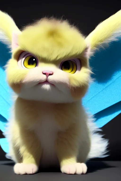 Image similar to high quality 3 d render hyperrealist very cute multipastel fluffy! chimera! cat hybrid with detailed fluffy wings!!, vray smooth, in the style of detective pikachu, hannah yata charlie immer, dramatic blue light, low angle, uhd 8 k, sharp focus